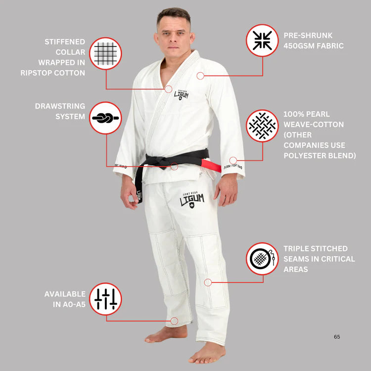 Ligum 450GSM White Jiu Jitsu Gi - Grappling - Competition Grade
